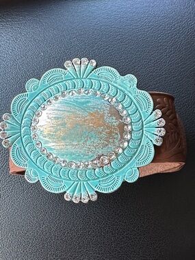 Turquoise Floral Concho Leather Cuff Bracelet Western farmhouse chic
